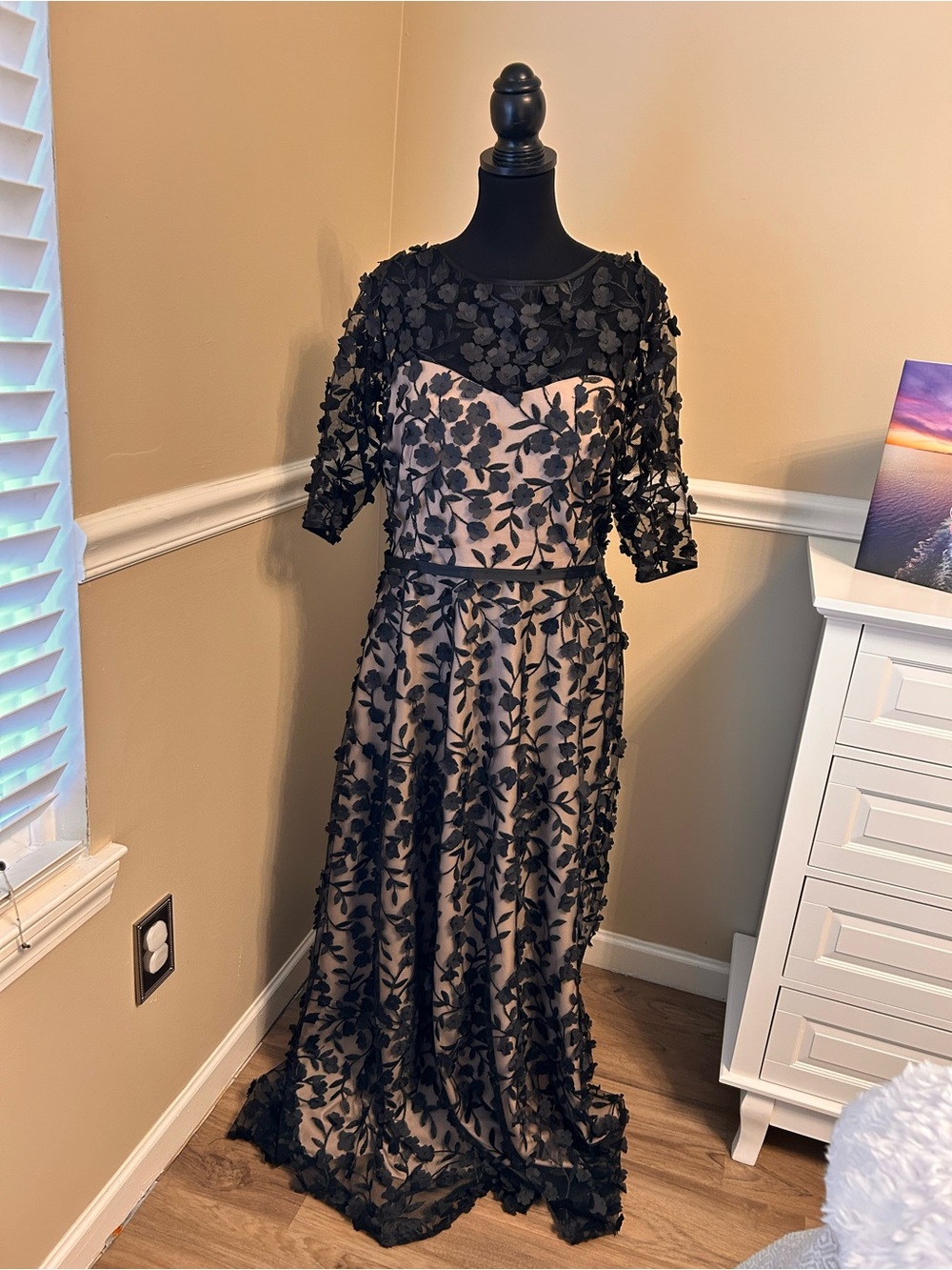 Black Floral Appliqué Maxi Dress with Nude Underlay